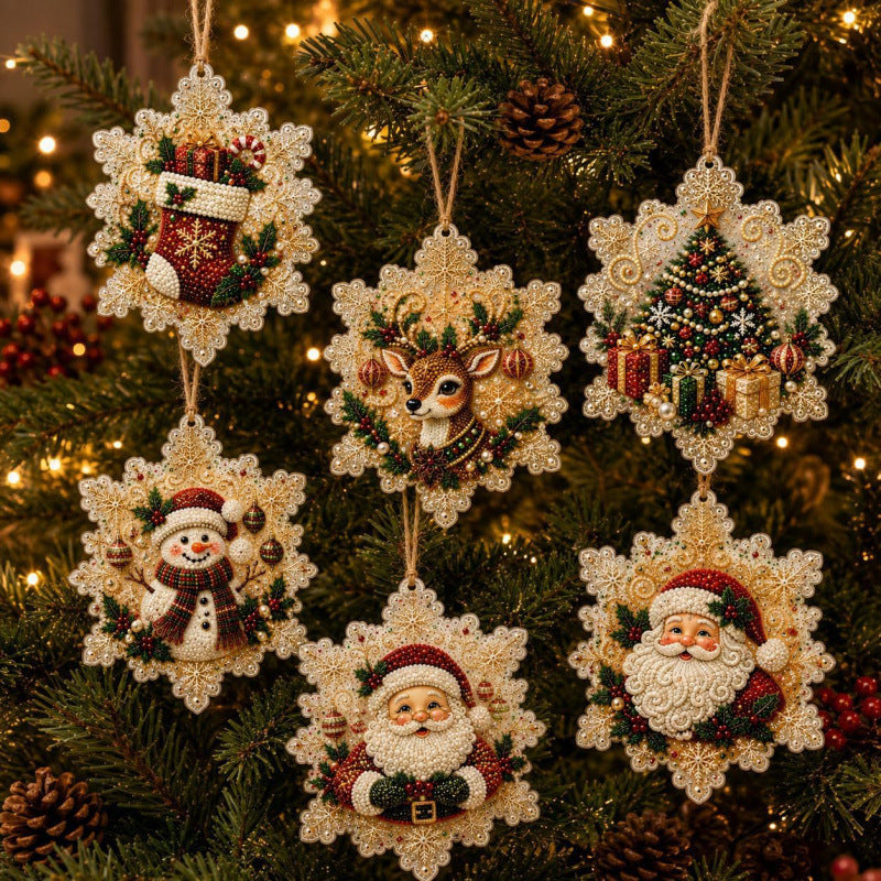 6-Piece DIY Christmas Ornament Diamond Art Kit with Pearls & Jute Twine, Hanging Decorations for Tree and Window