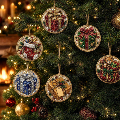 6-Piece DIY Christmas Ornament Diamond Art Kit with Pearls & Jute Twine, Hanging Decorations for Tree and Window