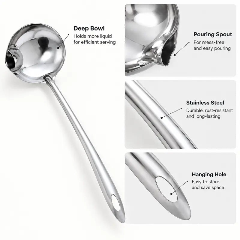 Count Stainless Steel Soup Ladle Utensils - Built-in Spout Drip-Free Pouring Design, Long Handle with Hanging Hole for Kitchen Cooking, Serving Soups