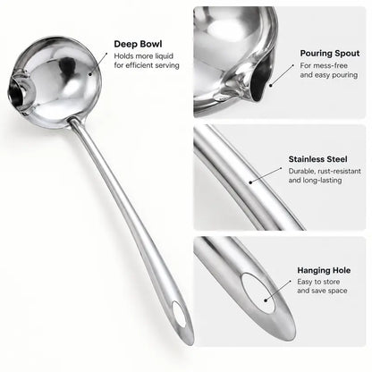 Count Stainless Steel Soup Ladle Utensils - Built-in Spout Drip-Free Pouring Design, Long Handle with Hanging Hole for Kitchen Cooking, Serving Soups