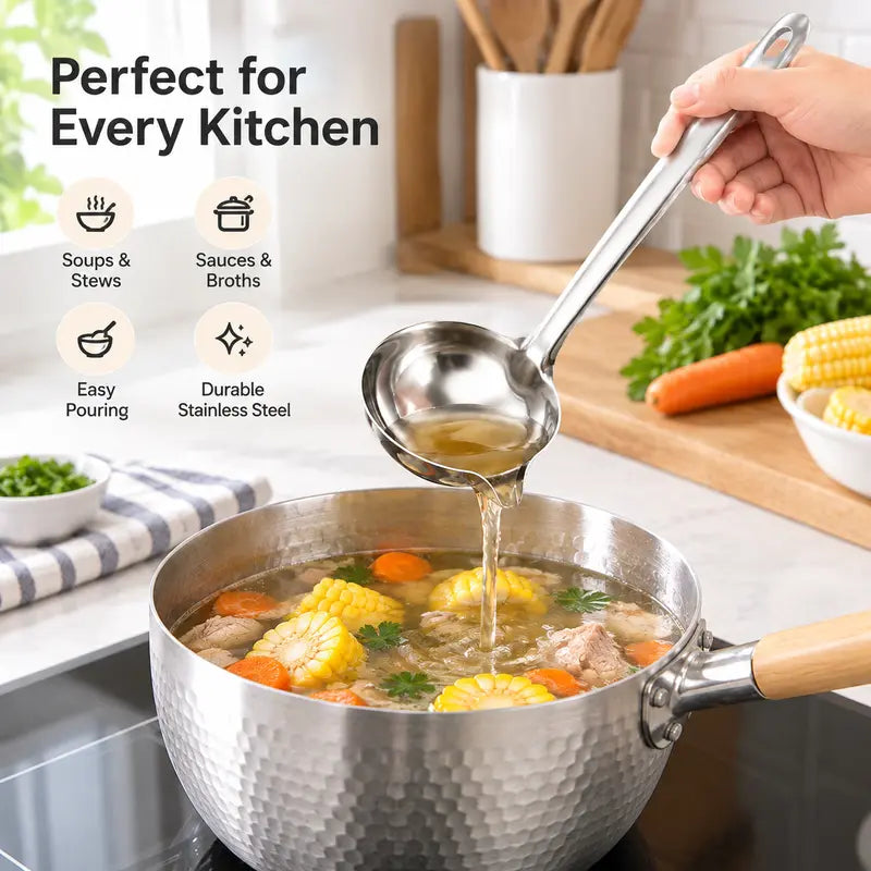 Count Stainless Steel Soup Ladle Utensils - Built-in Spout Drip-Free Pouring Design, Long Handle with Hanging Hole for Kitchen Cooking, Serving Soups