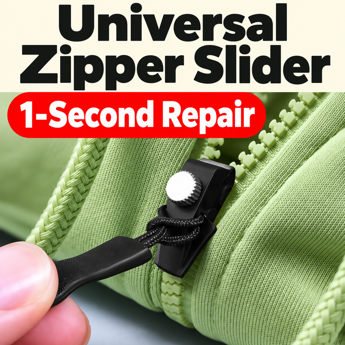 Detachable black zipper slider fitted to a green fabric zipper, with an easy-grip cord pull.