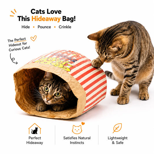 Upgrade Cardboard Cat Hideout - 1pc Cute Large Kraft Paper Double-Layer Crinkle Bag with Animal Print & Popcorn Graphic, 29.53*13.78in Hide & Seek Play Tunnel, Puzzle Relaxation Bed for Indoor Kittens & Adult Cats