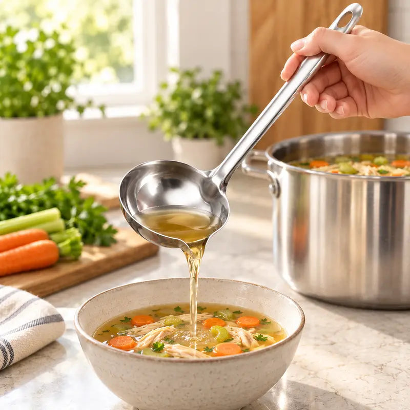 Count Stainless Steel Soup Ladle Utensils - Built-in Spout Drip-Free Pouring Design, Long Handle with Hanging Hole for Kitchen Cooking, Serving Soups