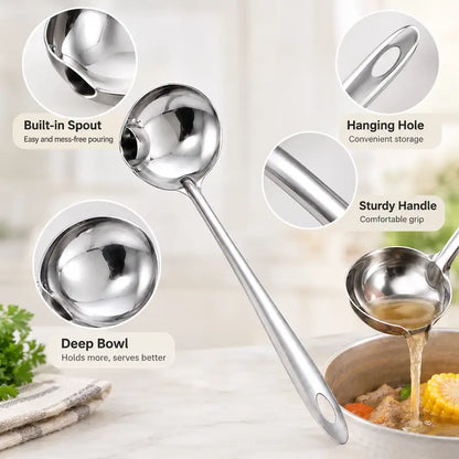Count Stainless Steel Soup Ladle Utensils - Built-in Spout Drip-Free Pouring Design, Long Handle with Hanging Hole for Kitchen Cooking, Serving Soups